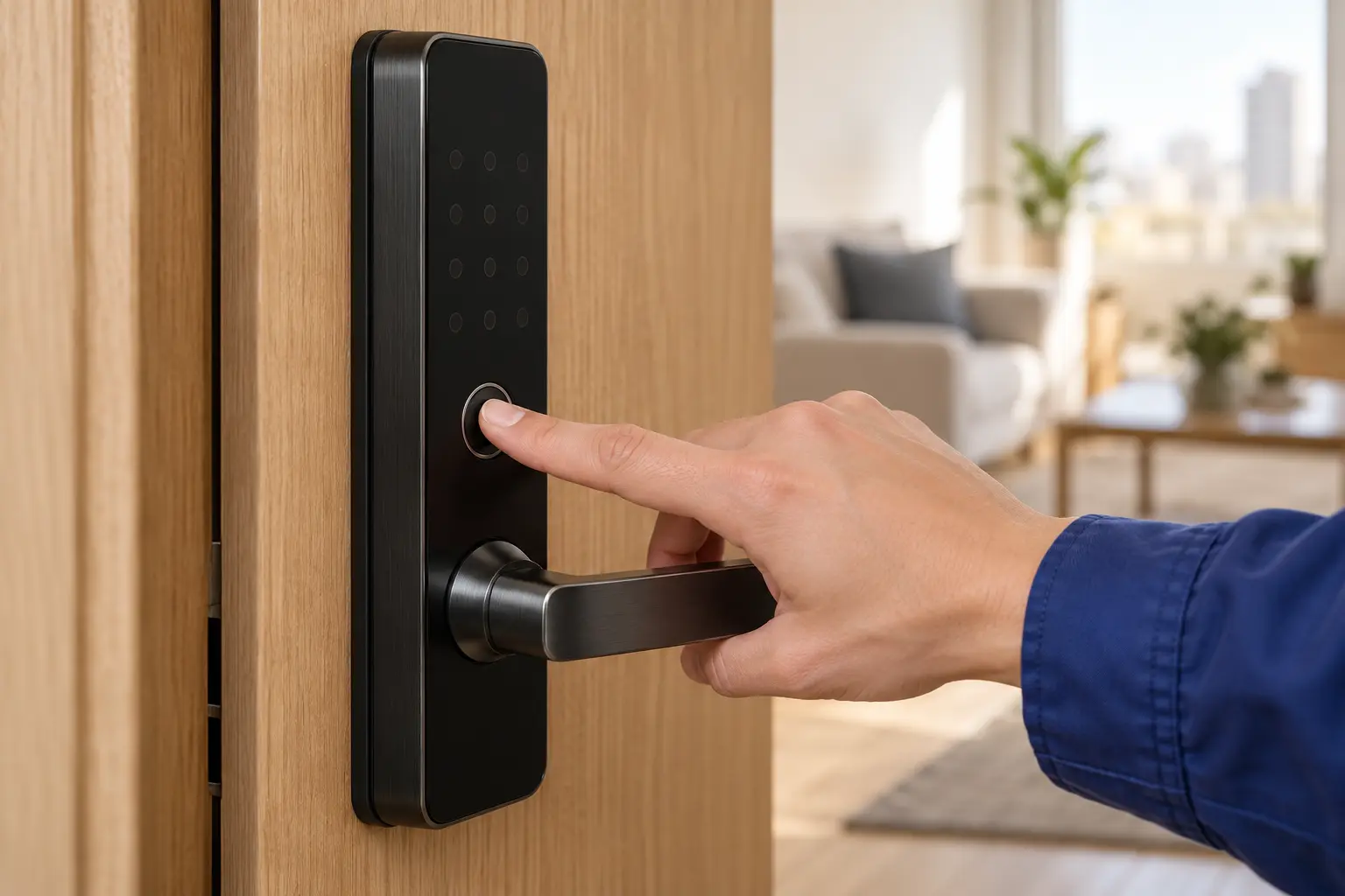 Cerradura electrónica negra con lector de huella en una puerta de madera