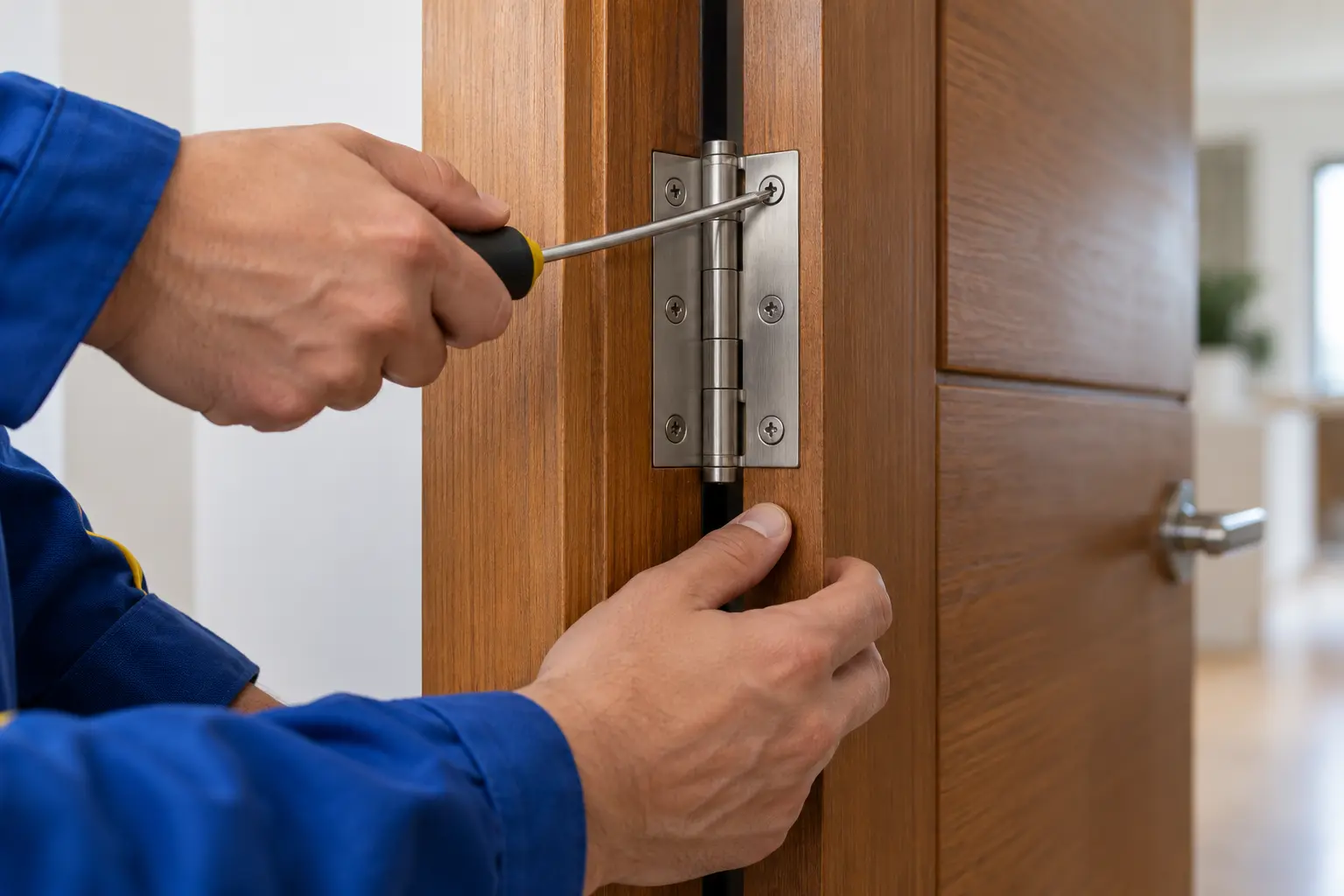 Ajuste de la bisagra de una puerta con un destornillador